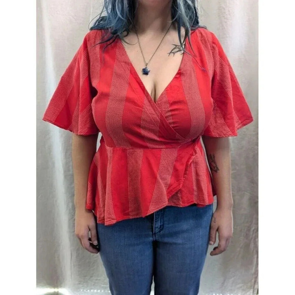 Loft red with white striped wrap around blouse, women's size extra small F3 - Picture 2 of 7